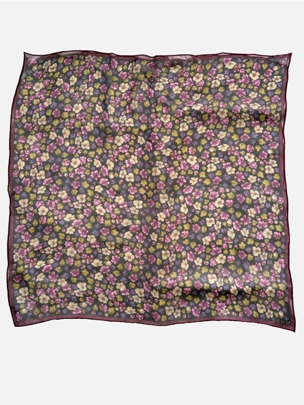 Vintage Echo Floral Square Scarf Pink Purple Burgundy Sheer Cottagecore